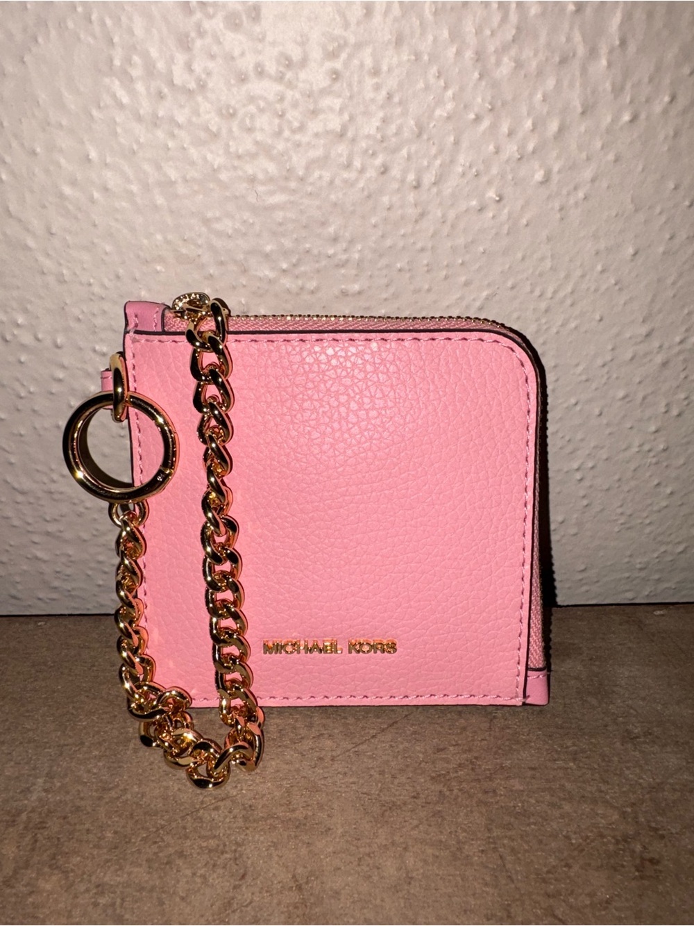 Michael Kors Pink Pebbled Leather Coin Wallet with Gold Chain